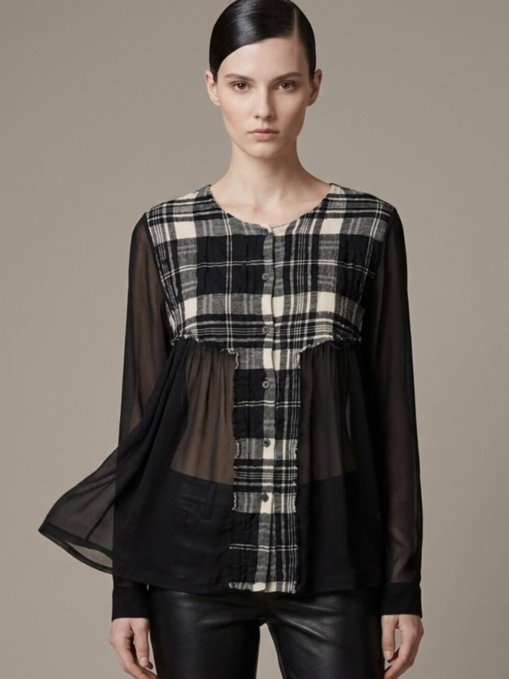 Transit Par Such Indie Sleaze Goth Sheer Top Sz 8 Maid In Italy Plaid Grunge